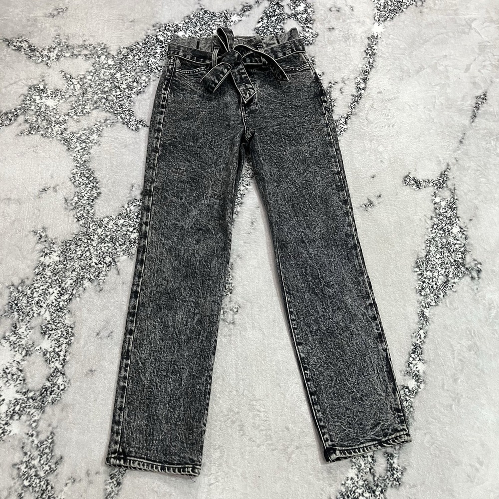 Alice + Olivia Jeans Womens Size 25 Black Acid Wash Paperbag Waist Tie Belt